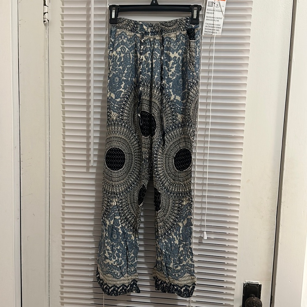 blue patterned pants!